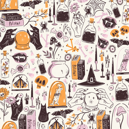 Halloween-themed pattern with witchcraft symbols, potions, and ghosts on a white background.