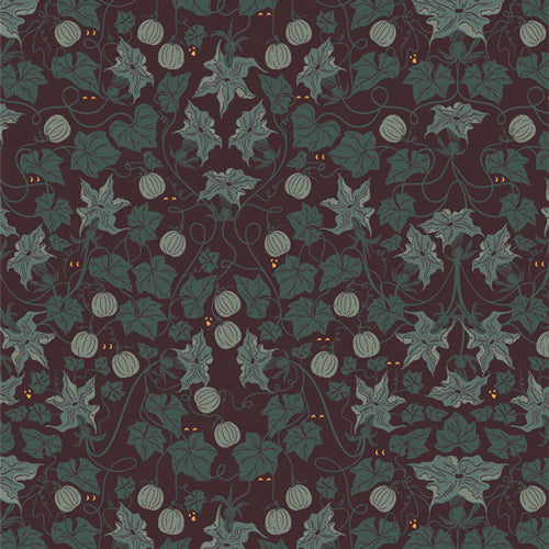 Pattern of green leaves and pumpkins on a dark background
